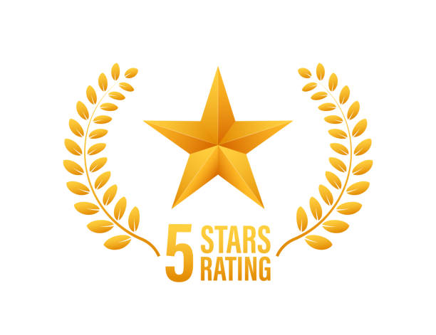 5 star rating. Badge with icons on white background. Vector illustration